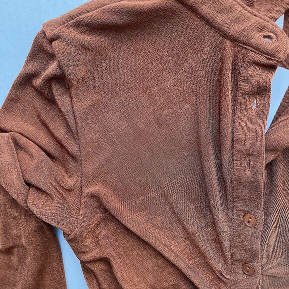 WITH JEAN KNIT ANDY MINI DRESS BUTTON FRONT LONG SLEEVE RUSCHING DETAIL BROWN XS - Picture 12 of 15